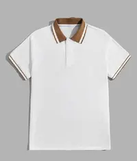 A white colour cotton polo t shirt with a brown colour contrast collar