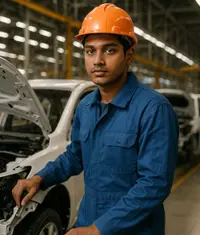 Worker wearing industrial coveralls