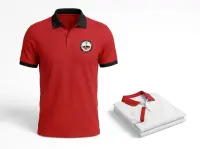 Red corporate polo t-shirt with an embroidered institution logo beside folded white polos, made by Anuvavi Apparels