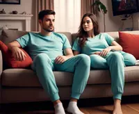 A couple wearing matching co ord sets chilling in the living room