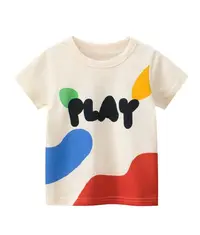 A cute white coloured kids t shirt with the word Play printed