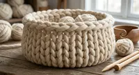 A knitted wicker basket showing loops of material interlocked in a pattern — illustrating how knitted fabric is constructed from looped yarn