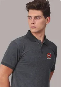 Charcoal grey polo t-shirt for corporate office staff uniforms with logo.